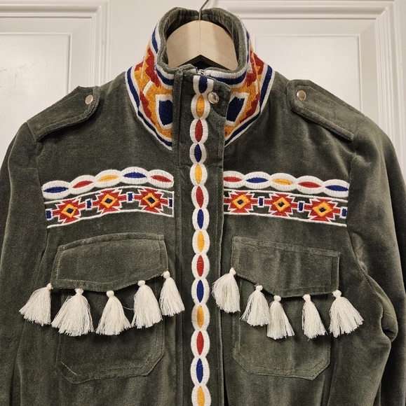 Anthro Aztec South Western Embroidered Tassel Olive Velvet Parka Jacket size M - Picture 2 of 16